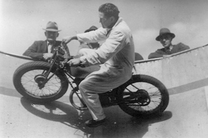 Roy Mahon riding on his original Wall of Death, 1947.